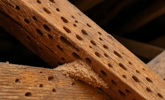 Les infestations de capricornes causent des dégâts bien plus graves. Les galeries creusées par leurs larves sont larges, profondes et s’étendent à travers l’intérieur du bois, rendant difficile leur détection précoce. Les trous de sortie laissés par le capricorne adulte sont nettement plus grands, mesurant entre 5 et 8 mm.